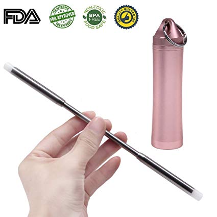 RESTER Reusable Telescopic Straws with Adjustable Length from 5.7" to 8.7",Fully Detachable and Retractable,Including Brush,Cloth,Orings and Keychain Case(Rose Gold)