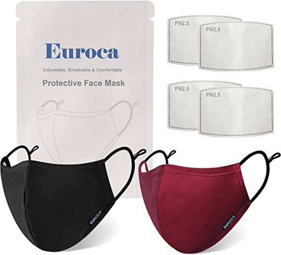 Euroca 4-Layer Cloth Face Mask Reusable Washable Adjustable for Adult -2 Packs with 4 Filters Included (Black Burgundy)