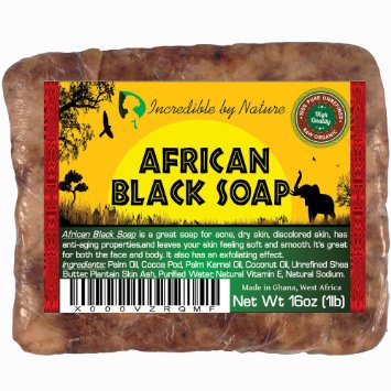 #1 Best Quality African Black Soap - 1lb (16oz) Raw Organic Soap for Acne, Eczema, Dry Skin, Psoriasis, Scar Removal, Face & Body Wash, Authentic Beauty Bar From Ghana West Africa Incredible By Nature
