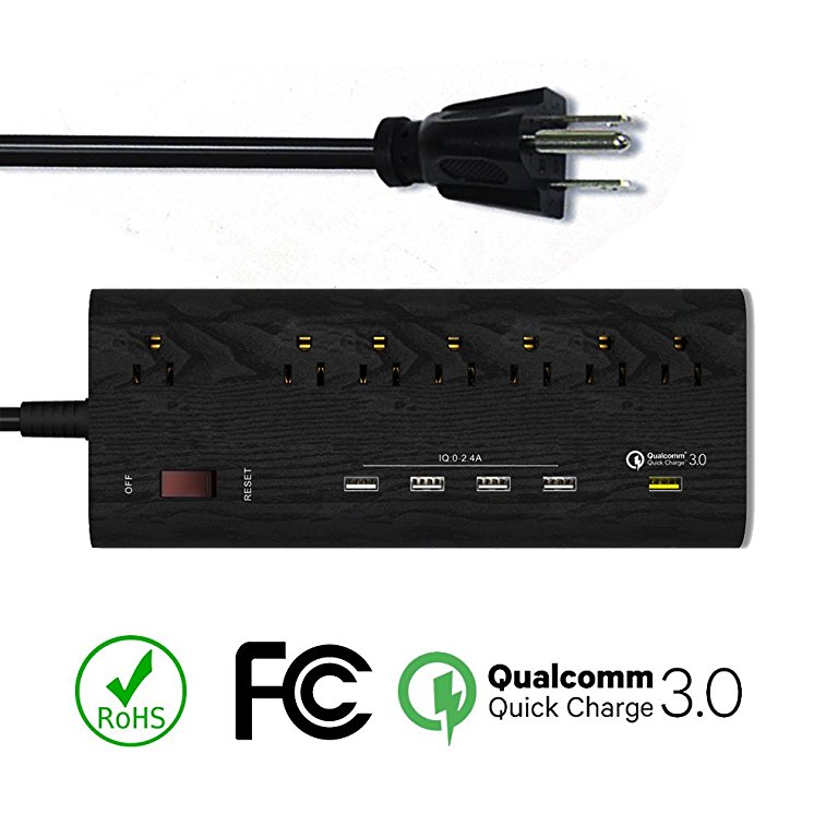 ElementDigital Power Strip Surge Protector Multi Outlet 7 AC Outlets   4 USB Charging Ports   QC3.0 Quick Charge US Standard Plug RoHS FCC for TV, PC, Smartphone, PlayStation, Xbox 6ft (Black)