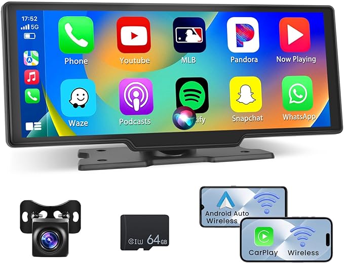 Portable Wireless Apple Carplay Android Auto - 10.26" Car Play Screen for Car, with 1080p Backup Camera, Dash Mount, Support Airplay, Android Cast, Bluetooth, Navigation, FM Transmitter, 64G TF Card