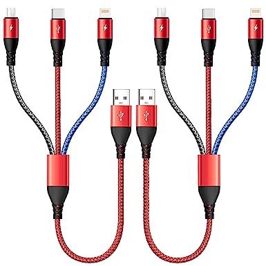 USB C Multi Fast Charger Cable 4.5A Multi Charging Cable USB A to Type C/Lightning/Micro USB Port 3 in 1 Charging Cord Multi USB Cable for Most Phones, Samsung Galaxy,iPhone,Huawei,LG & More(2Pcs 1Ft)