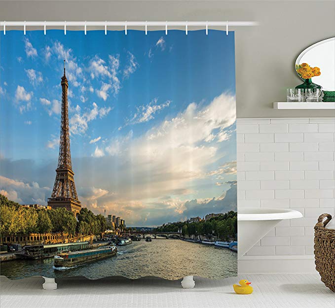 Ambesonne Eiffel Tower Decor Shower Curtain Set, Sunset Over Eiffel Tower and Seine River with Puffy Clouds, Paris, France Nature Scene, Bathroom Accessories, 75 Inches Long