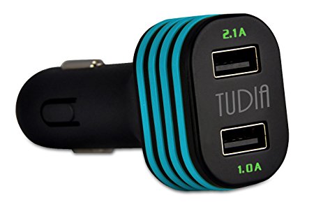 TUDIA 3.1A / 15W (2.1A   1.0A) Dual Port USB Ultra High Speed Simultaneous Charging Car Charger - Black/ Blue