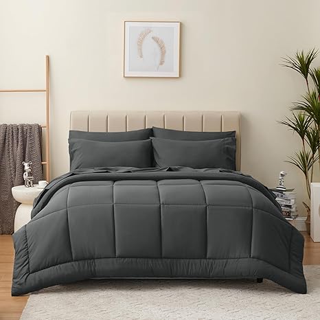 CozyLux Queen Comforter Set - 7 Pieces Bed in a Bag Set Dark Grey, Bedding Sets Queen with All Season Quilted Comforter, Flat Sheet, Fitted Sheet, Pillowcases, Dark Gray, Queen