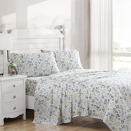 Laura Ashley Home - Queen Sheets, Soft Sateen Cotton Bedding Set - Sleek, Smooth, & Breathable Home Decor (Meadow Floral Blue, Queen)