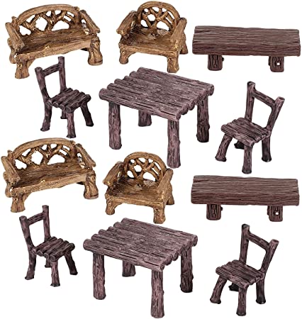 Skylety 12 Pieces Fairy Garden Furniture Ornaments Miniature Table and Chairs Set Fairy Village Micro Resin Bench Chair for Dollhouse Accessories Home Micro Landscape Decoration