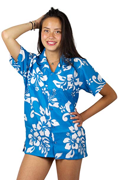 V.H.O. Funky Hawaiian Blouse Women Short-Sleeve Front-Pocket Hibiscus Multiple Colors