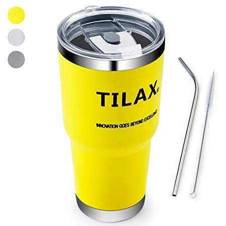 TILAX Wine Tumbler Travel Coffee Mug Insulated Stainless Steel Tumblers with Lids and Straws Double Wall Vacuum 30 oz Tumbler for Car, Coffee, Champagne, Beer (yellow)