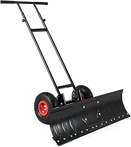 Goplus 36” Wide Snow Shovel for Driveway, Heavy-Duty Metal Snow Plow w/ 7-Position Angled Blade, Ergonomic Handle & Rubber Wheels for Efficient Snow Removal, Back Saver Snow Plow for Doorway Sidewalk