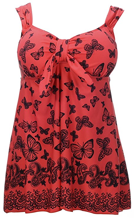 Women's Plus Size Swimsuit Floral Butterfly Printed Swimdress Two Piece Tankini