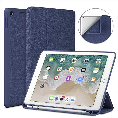 New iPad 9.7 2018/2017 Case with Pencil Holder, Soke Slim Fit iPad Case Trifold Stand with Shockproof Soft TPU Back Cover and Auto Sleep/Wake Function for iPad 9.7 inch 5th/6th Generation, Navy Blue