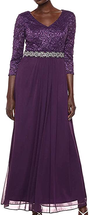 Alex Evenings Women's Long V-Neck Lace Dress with Overlay Skirt