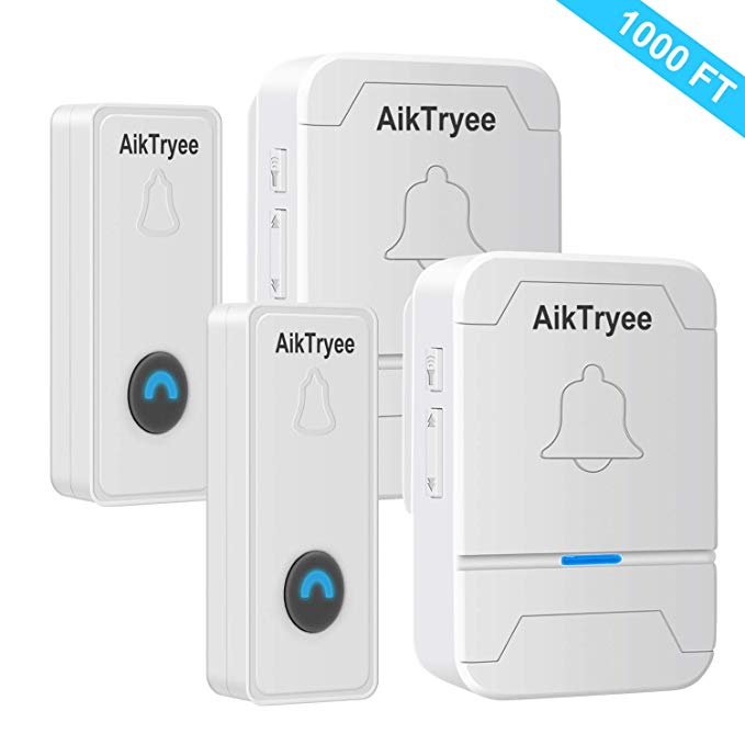Wireless Doorbell, Wireless Door Bell Chime Kit with LED Light, Easy Install, Over 1000-feet Range, 58 Chimes, by AikTryee (2 Pack - White)