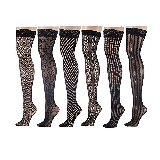 Isadora Paccini Women's 6-Pairs Fishnet Lace Thigh High Stockings