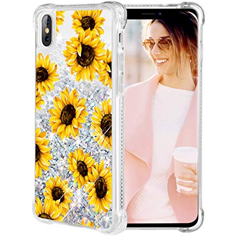 iPhone X Case, Caka iPhone Xs Floral Glitter Case [Flower Pattern Series] Girls Luxury Fashion Bling Flowing Liquid Floating Sparkle Glitter Cute Soft TPU Case for iPhone X/XS (Sunflower)