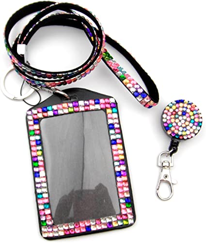 ALL in ONE Rhinestone Lanyard Bling Crystal Necklace   Badge Reel   Card Holder for Business Id/Key (Colorful)