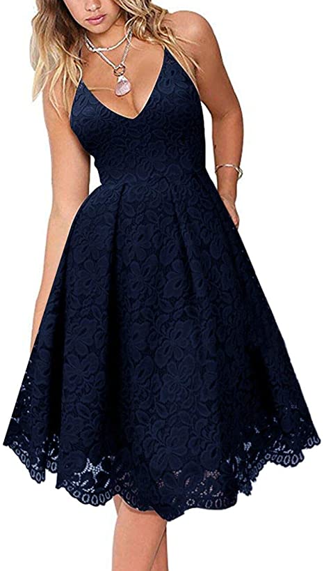 MEROKEETY Women's Lace Floral V Neck Spaghetti Straps Backless Cocktail A-Line Dress for Party