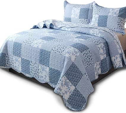 KASENTEX Twin Quilt Set Lightweight Bedspread Coverlet(Blue Floral Patchwork, 86x68)