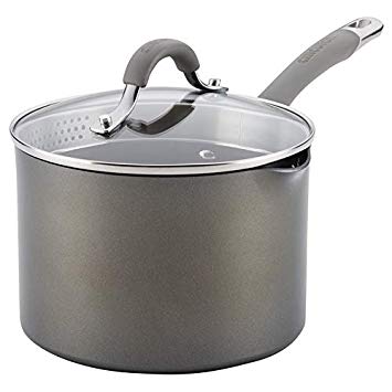 Circulon 84567 3-Qt.Covered Straining Pour Spouts Hard Anodized Aluminum Saucepan, 3 quart, Oyster Gray