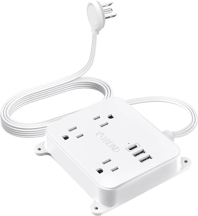 TROND 10ft Flat Extension Cord Indoor USB C, Ultra Thin Flat Plug Power Bar with 3 Multiple Outlet Extenders 3 USB Ports, Under Desk Power Strip Wall Mount, Office Supplies Dorm Room Essentials, White