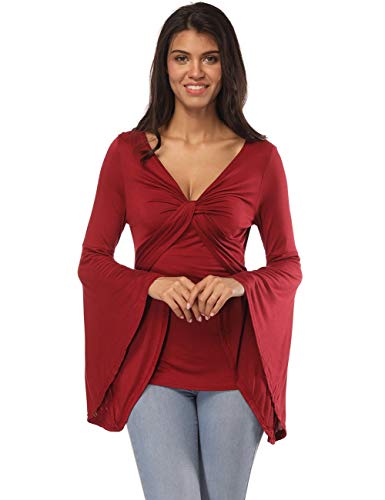 Fancyqube Women's Sexy V-Neck Twist Knot Front Long Bell Sleeve Blouse Tops
