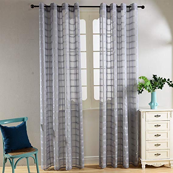 Top Finel Long Stripe Plaid Curtains for Bedroom Semi Sheer Tulle Window Curtain with Grommet, 54" W x 84" L, Set of 2, Light Grey