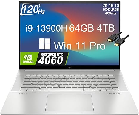 HP Envy 16 16.0" 120Hz 2K Touchscreen (Intel 13th Gen i9-13900H, 64GB DDR5 RAM, 4TB SSD, NVIDIA GeForce RTX 4060 8GB) Workstation & Backlit Gaming Laptop, IST HDMI, Win 11 Pro, Sliver - 2024