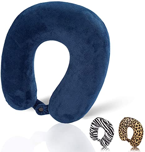 HERIGGA Thermosensitive Memory Foam Travel Neck Pillow Attaches to Luggage Perfectly to Your Neck and Head with 3 Pack Velour & Stay Cool Washable Pillows Cover for Airplane Home Office