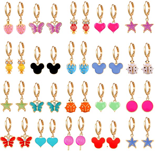 10/20 Pairs Silver Mini Hoop Earrings with Charm Cat Dog Unicorn- Cute Earrings for Teen Girls - Pink Animal Earrings for Girls - Colorful Crystal Earrings for Girls -Leverback Earrings for Women
