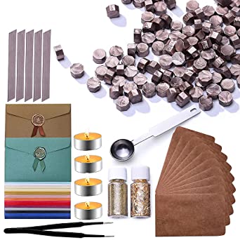 Wax Seal Kit 298 Pcs, Include 250 Pcs Champagne Gold Sealing Wax Beads, 1 Melting Spoon, 4 Candles, 30 Vintage Envelopes, 1 Tweezers, 10 Satin Ribbon, 2 Bottle of Gold Elements
