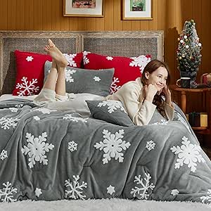 Bedsure Fluffy Christmas Comforter Set Queen - Christmas Bedding Comforter Set with White Snowflake, Warm Fleece Bed Sets for Winter, 3 Pieces, 1 Soft Plush Shaggy Comforter with 2 Pillowcases