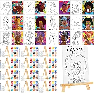 Zhanmai 12 Pack Pre Drawn Canvas for Painting Afro Queen Paint Party Set Canvas Painting Kit Pre Printed Canvases for Sip and Paint Party Favor DIY Virtual Party Gifts Adult's Date Night(Afro Queen)