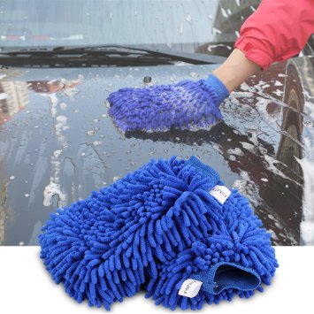 Wash Mitt, Topist Premium Chenille Microfiber Scratch-Free Lint-Free Double Sided Car Wash Glove Perfect for Wood,Mirrors,Furniture,Glass & Car detailing,Blue, 2-pack