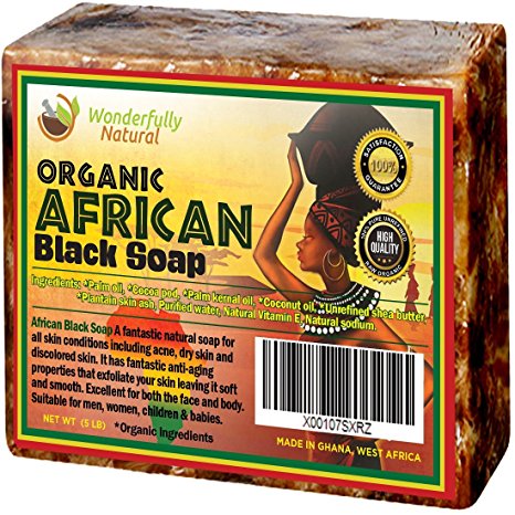 Organic African Black Soap - 5 lb Best for Acne Treatment, Eczema, Dry Skin, Psoriasis, Scars, Dermatitis, White Heads Pimples, Anti-fungal Face & Body Wash, Raw Handcrafted Beauty Scrub Bar …