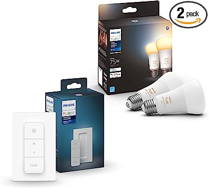 Philips Hue White A19 75W Smart Bundle - Includes 2 Philips Hue White Bulbs 1100 Lumens and A Dimmer Switch - Requires Hue Bridge - Works with Amazon Alexa, Apple HomeKit and Google Assistant