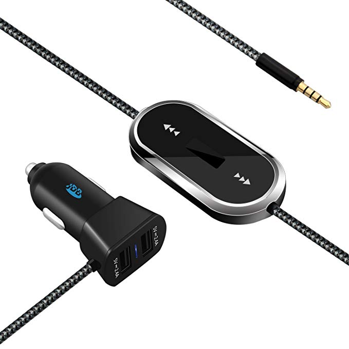 JDB FM Transmitter Wireless Radio Adapter Car Kit with 3.5mm Audio Plug and 4.8A Dual USB Car Charger for iPhone iPad Samsung LG HTC and More.