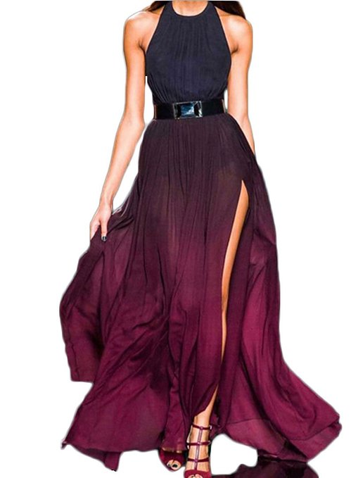 Persun Women's Purple Halter Fade Ruched Backless Maxi Dress