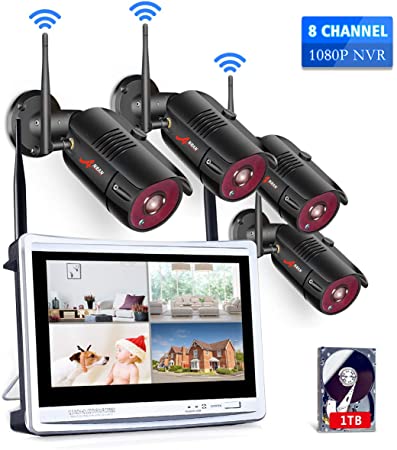 [All-in-One] 1080P Home Security Camera System Wireless with 12 Inch Monitor WiFi Surveillance NVR Kits,8 Channel WiFi Video Security System with 1TB HDD with 4Pcs 2.0MP IP Cameras,Free APP by ANRAN