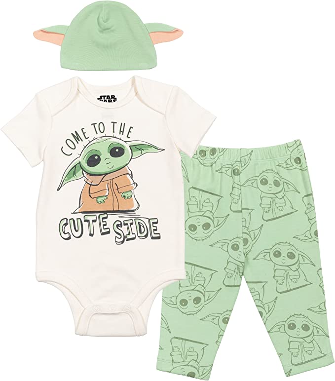 STAR WARS Mandalorian The Child Baby 3 Piece Outfit Set: Bodysuit Pants Hat