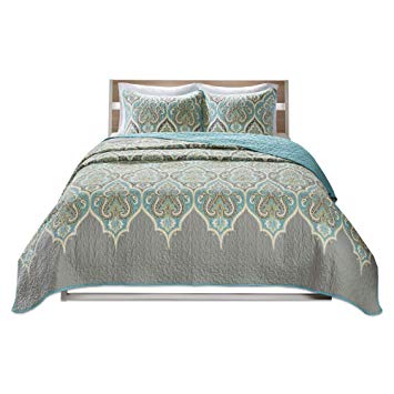 Comfort Spaces - Mona Cotton Mini Quilt Set - 3 Piece - Paisley Pattern - Teal Grey - King/California King Size, Includes 1 Quilt, 2 Shams