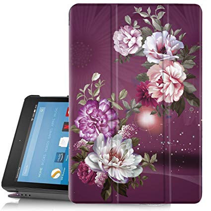 Hocase Slim Case for All-New Amazon Fire HD 8 Tablet (7th Generation, 2017 Release), PU Leather Hard Shell Cover with Auto Wake/Sleep and Stand Feature - Royal Purple/White Flowers