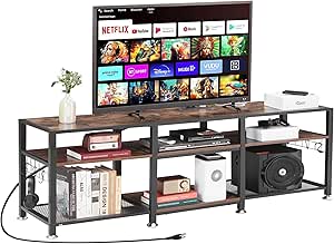 VECELO 70" TV Stand with Power Outlets for 65/70/75 Inch Television, Entertainment Center with Storage Shelves & Hooks, 3-Tier Wooden Console Table for Living, Bedroom, Gaming Room, Retro Brown