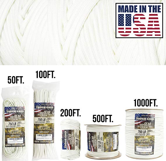 TOUGH-GRID 750lb Paracord/Parachute Cord - Genuine Mil Spec Type IV 750lb Paracord Used by The US Military (MIl-C-5040-H) - 100% Nylon - Made in The USA.