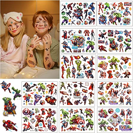 Temporary Tattoo Set, 12 Sheets Temporary Tattoo for Kids, Avenger Fake Waterproof Temporary Tattoos Sticker for Boy Girl Teens Birthday Party Bags Fillers Favors Supplies Gifts Goodies Decoration