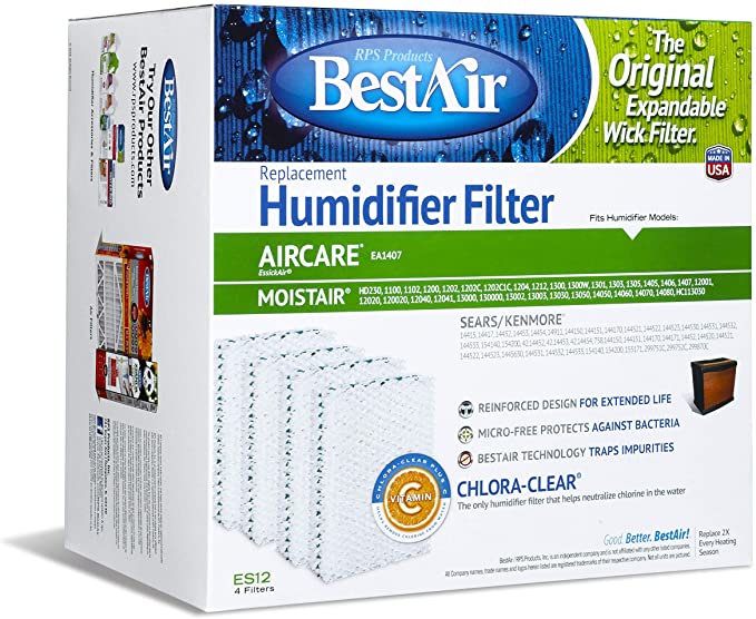 BestAir ES12-2 Extended Life Humidifier Replacement Paper Wick Humidifier Filter, For Emerson, Quiet Comfort & Kenmore Models, 10" x 9.4" x 6.5", Single Pack (4 Filters)