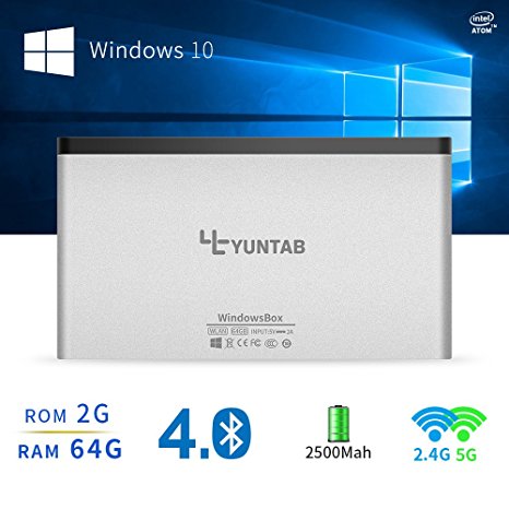 YUNTAB Windows 10 Pocket wintel Mini PC RAM 2GB Smart intel TV box 4K UHD 64G EMMC Compute Stick Computer Intel Z3735F Quad Core 1.8Ghz Compute with 2.4 5G dual band Wi-Fi HDMI smart computer H.265 with bluetooth 4.0 USB2.0