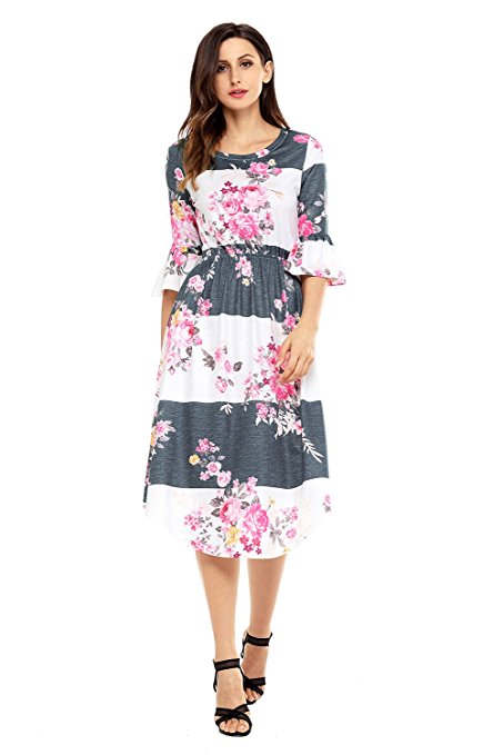 Annflat Women's Summer Floral Print Bell Sleeve Casual Midi Dress S-XXL