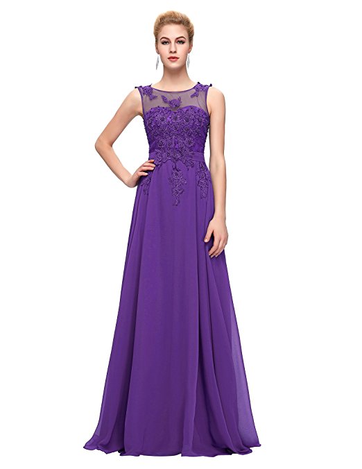 GRACE KARIN Chiffon V Back Evening Dresses Long Prom Gown With Beads Appliques