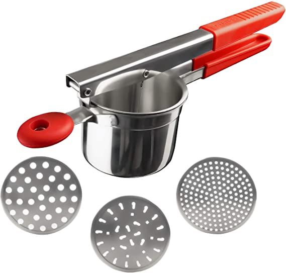 Hatrigo Stainless Steel Potato Ricer and Masher with 3 Interchangeable Fineness Discs, Makes Light and Fluffy Mashed Potato Perfection, 100% Stainless Steel (Red)